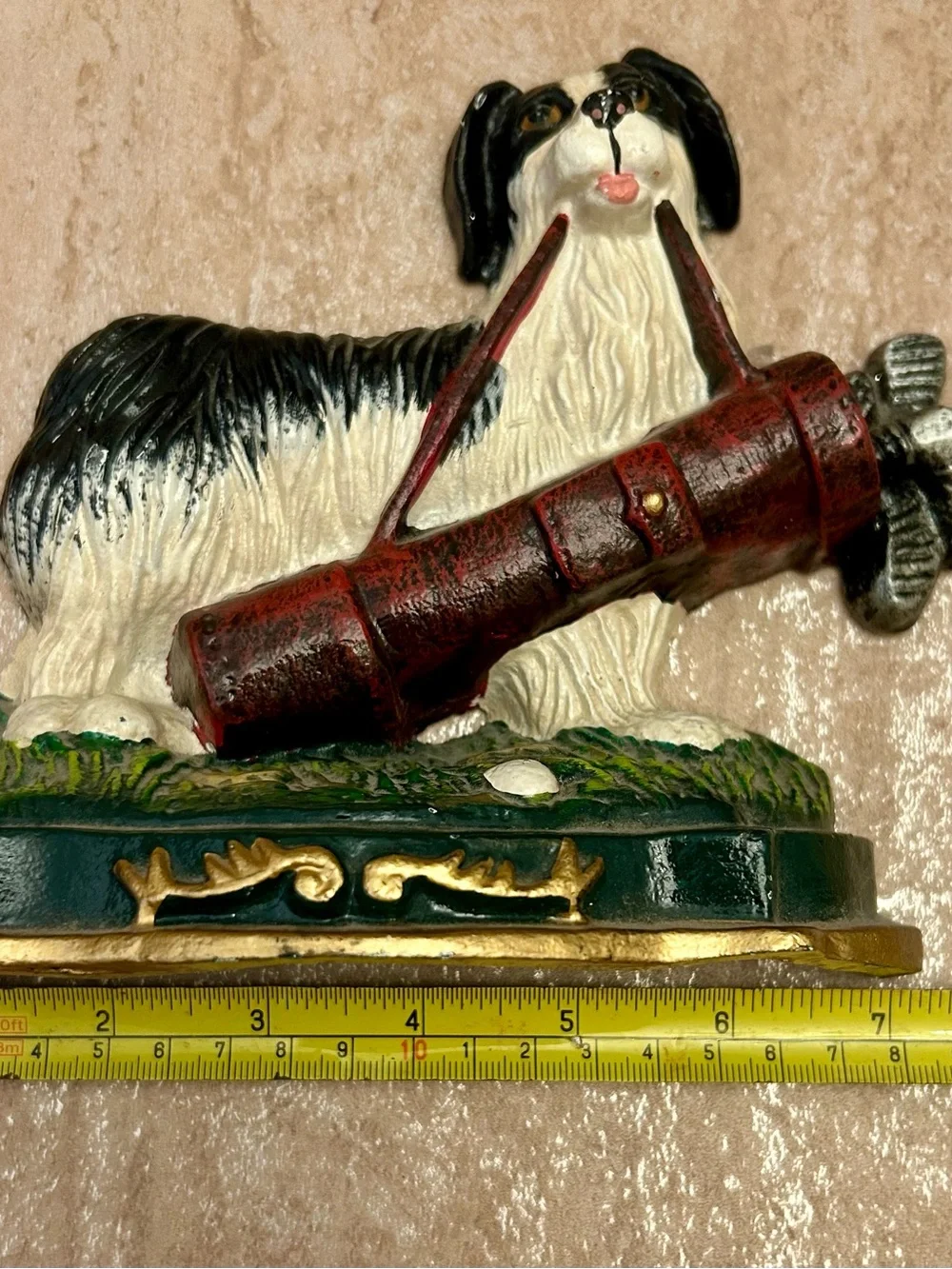 Cast Iron Door Stop Black/ White Dog Acting As A Golf Caddy
